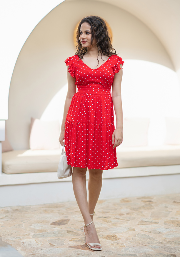 LILA WHITE DOTTED RED DRESS